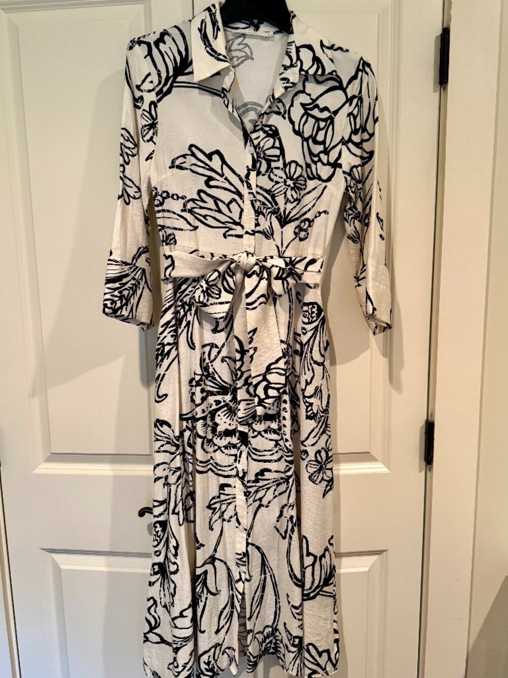 Black & Cream Printed Belted Dress / Midi Length / Size S